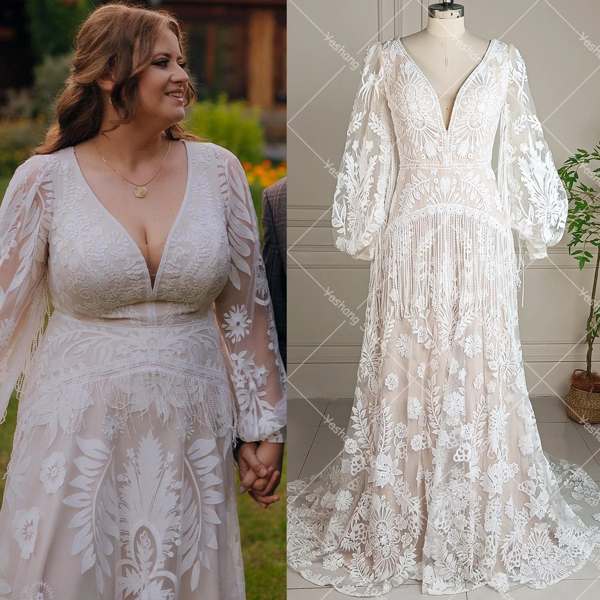 Long Puffy Sleeves Embroidered Lace Wedding Dress V Neck Backless Plus Size Hippie Boho Customized Tassels Bride Gowns