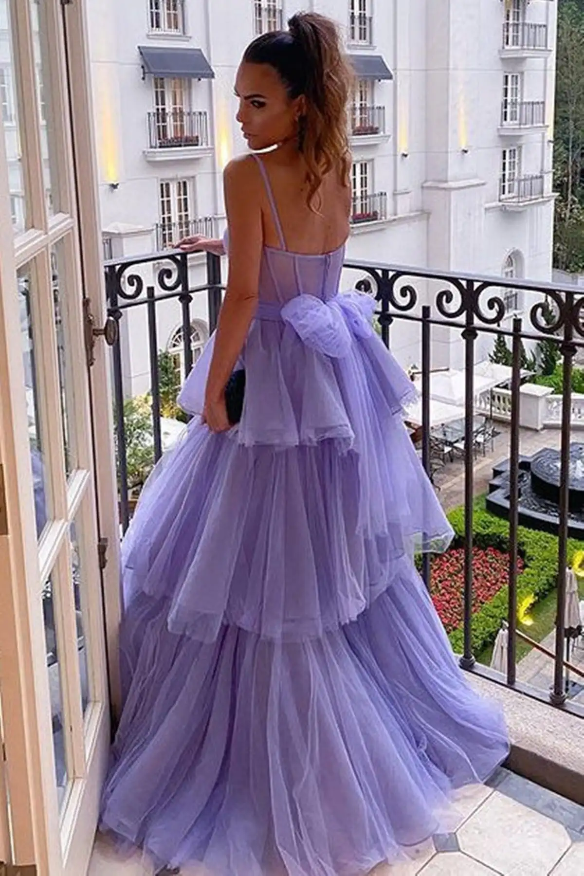 Amanda Elegant A-line Prom Dress Spaghetti Strap فستان سهرة Bow On Back Formal Occasion Dresses Purple Tulle Wedding Party Dress