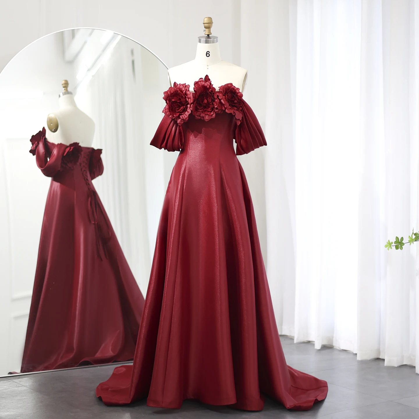 

Sharon Said Burgundy Off Shoulder Dubai Evening Dress with 3D Flowers A-Line for Woman Wedding Party Prom Gown SF489 Customized