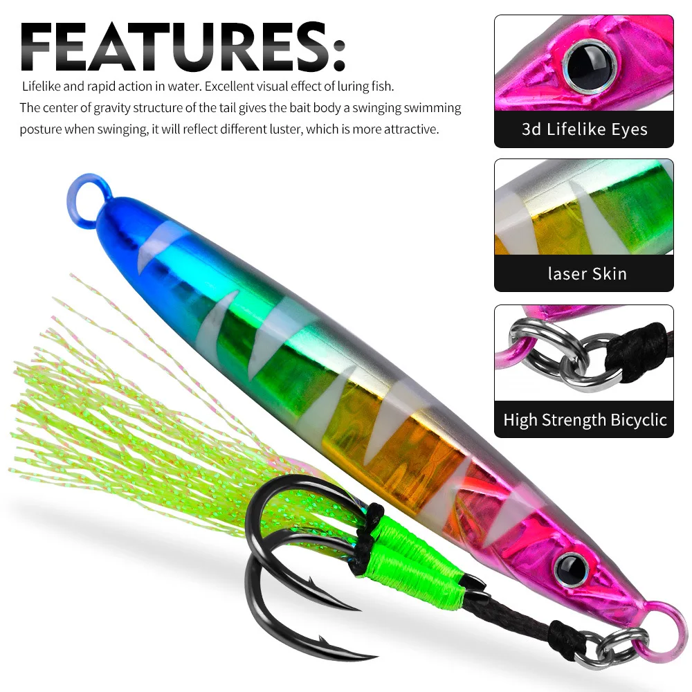 LHFSH Luminous Metal Jig Fishing Lures Hard Bait 20g-80g Slow Sinking Jigging Bait with Treble Hooks for Sea Bass Tuna Fishing view 6