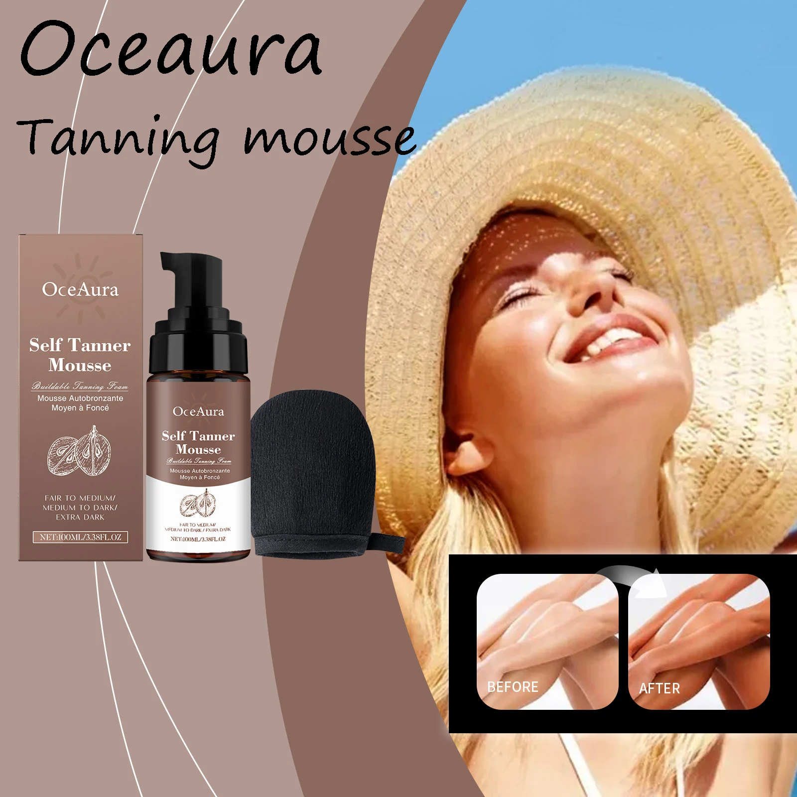

Oceaura Tanning Mousse With Gloves Summer Outdoor Gentle Moisturizing Restoring Skin Luster Summer Sunless Tanning Mousse