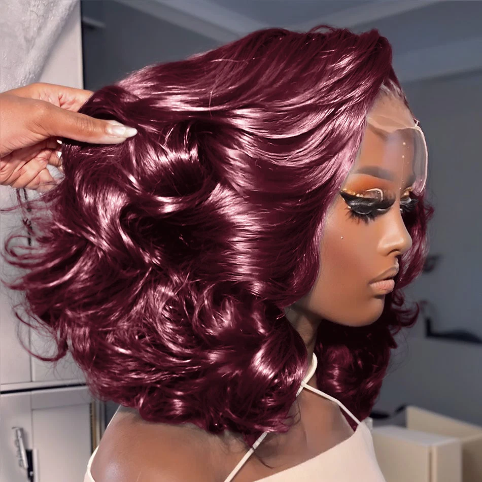 

99J Burgundy Body Wave Short Bob Wig 13x4 HD Lace Front Wig 250% Density Loose Wave Bob Wigs 100% Human Hair Lace Wigs For Women