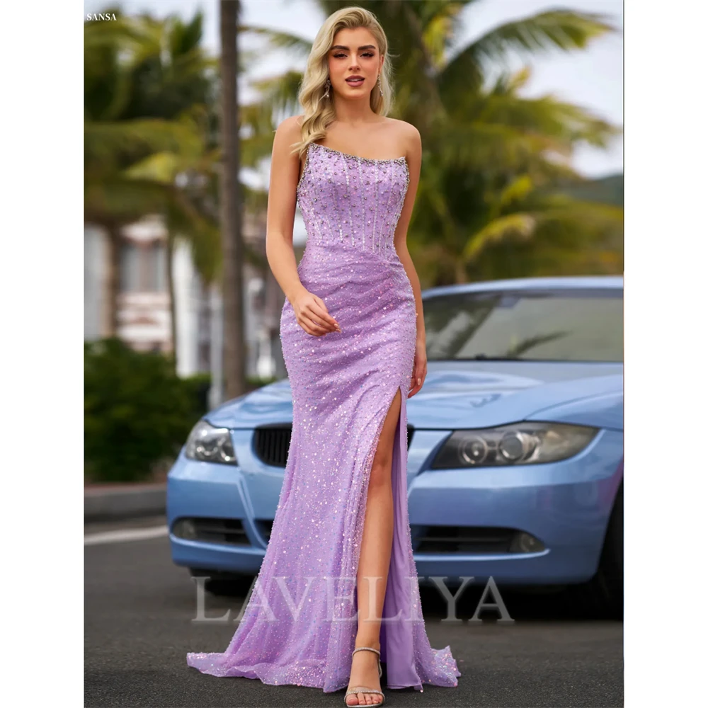 

Sansa Customized Lavender Sequins Mermaid Side Split Prom Dress Zip Sleeveless Vestidos De Noche Floor-Length Formal Evening