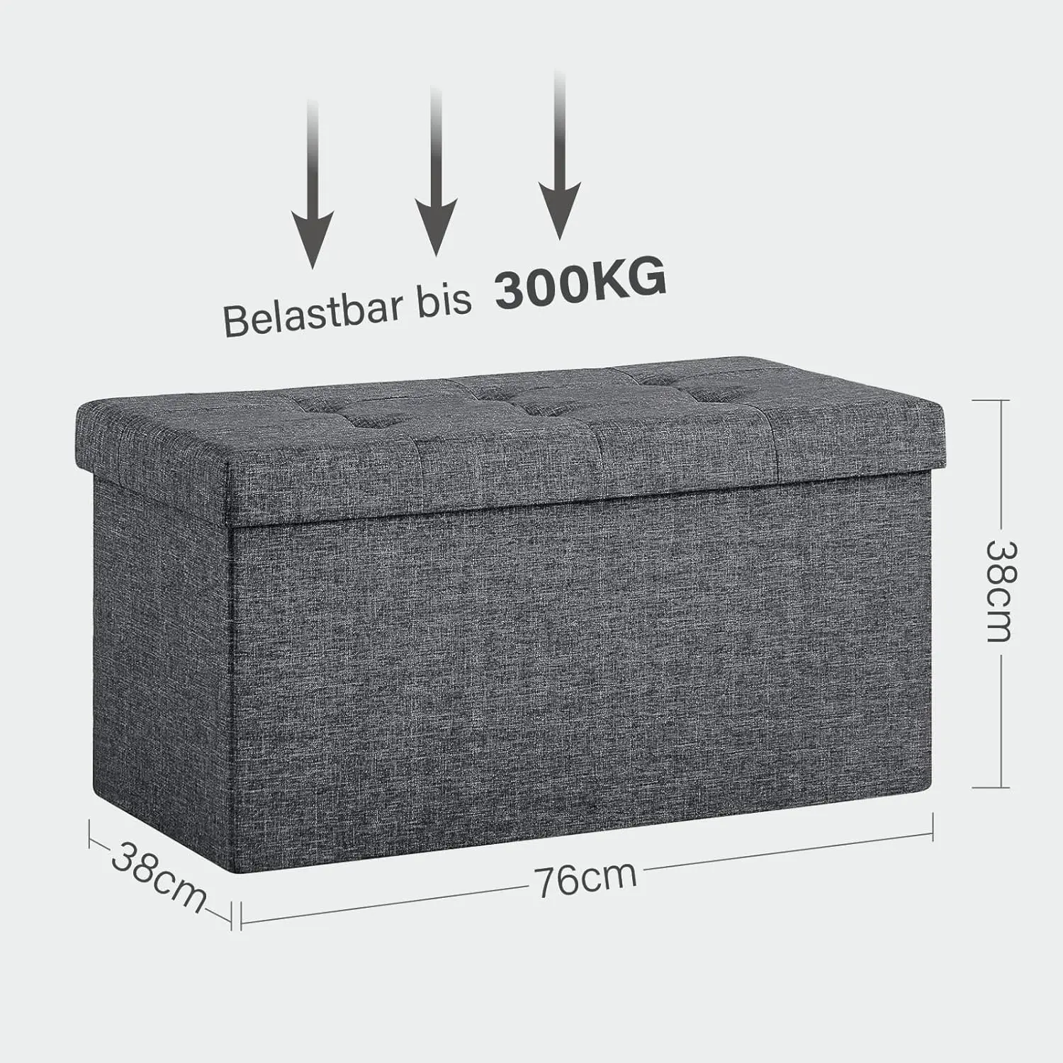 Faltbare Sitzbank mit Stauraum 76 × 38 × 38 cm, Gepolsterte Sitztruhe 80 L bis 150 kg, Dunkelgraue Aufbewahrungsbank aus Leinen für Flur Schlafzimmer Wohnzimmer