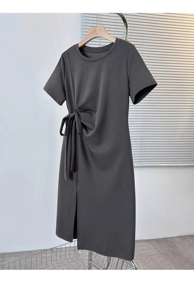 فستان بخصر من الدانتيل بتصميم رقبة دائرية للنساء في الصيف بالإضافة إلى حجم الدهون مم فستان تي شيرت أنيق على الطراز الكوري الجديد