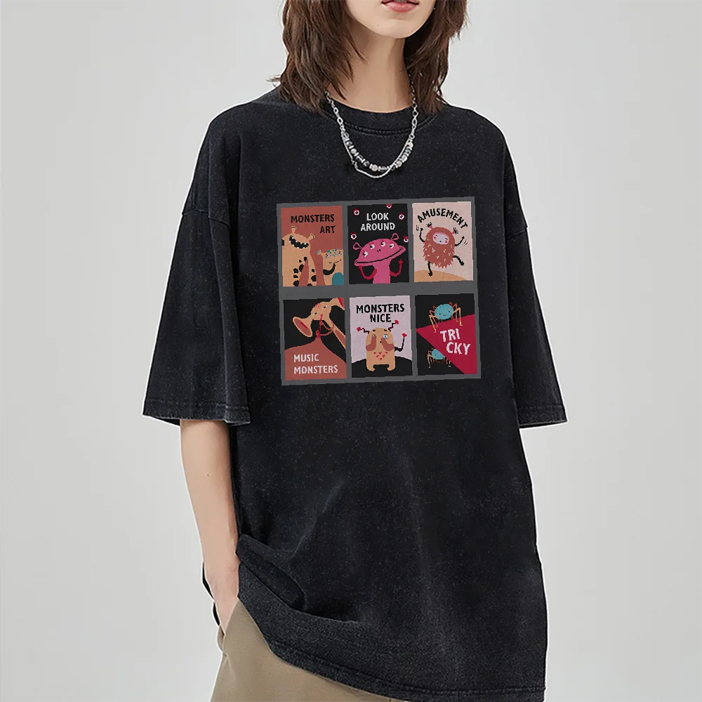 

Loose Casual T shirt Round Neck Short - Sleeved Top Featuring Monster - Themed Graphic Grid Trendy Women Comfort Outfit