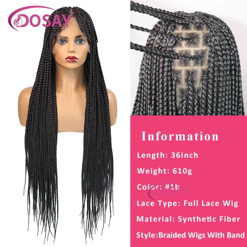 Full Lace Front peruca sintética trançada caixa com estrondo para as mulheres, duplo transparente, peso leve, trança africana, 32"