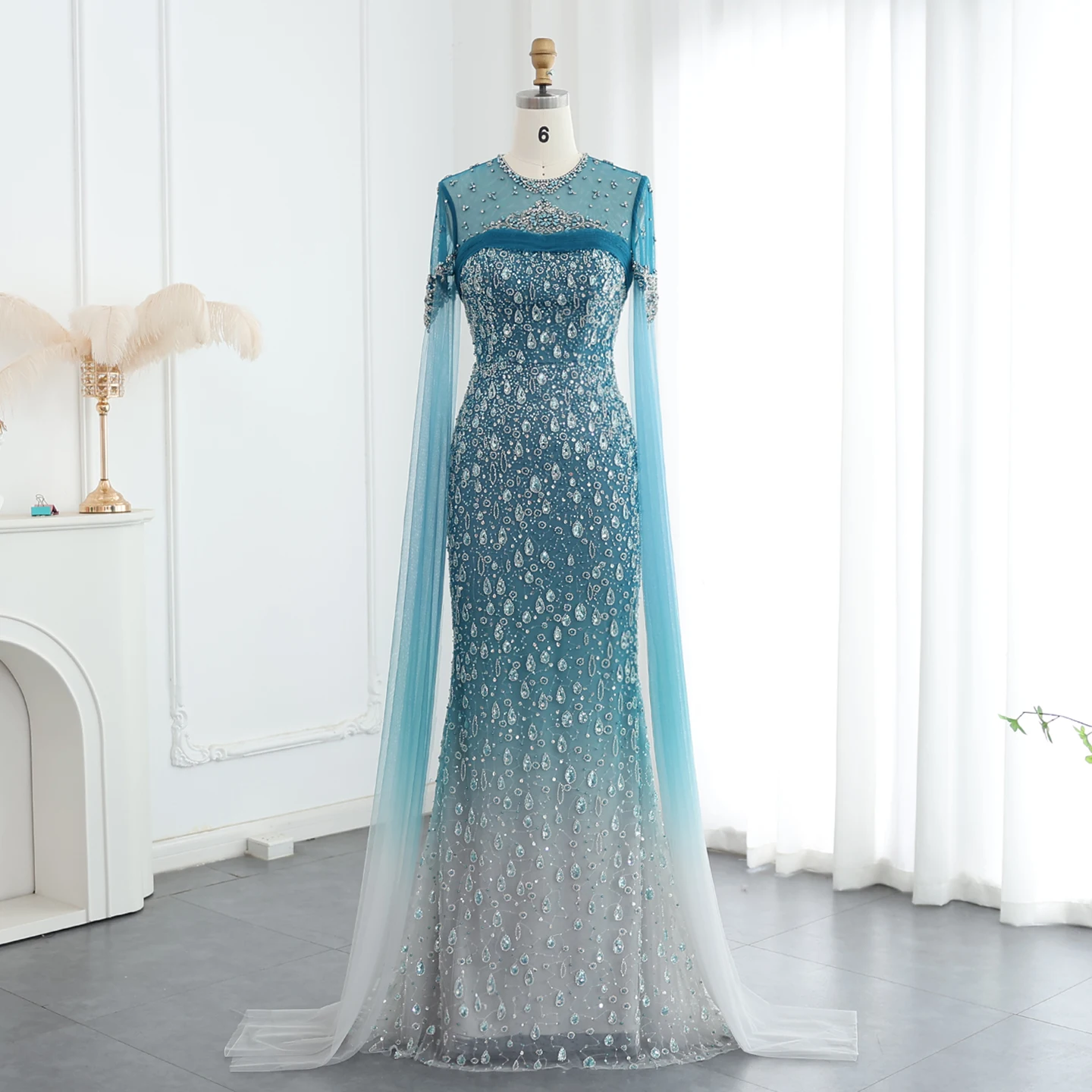 Sharon กล่าวว่า Luxury Turquoise คริสตัล Mermaid ดูไบชุดราตรี Cape สําหรับคํางานแต่งงาน Gowns SS666 ที่กําหนดเอง