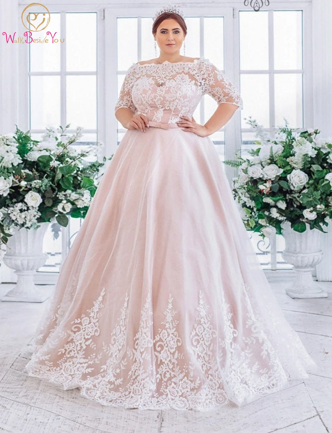 

Plus size lace and tulle wedding dress 2024 3/4 long sleeves bride brautkleid women formal marrige bride gown elegant