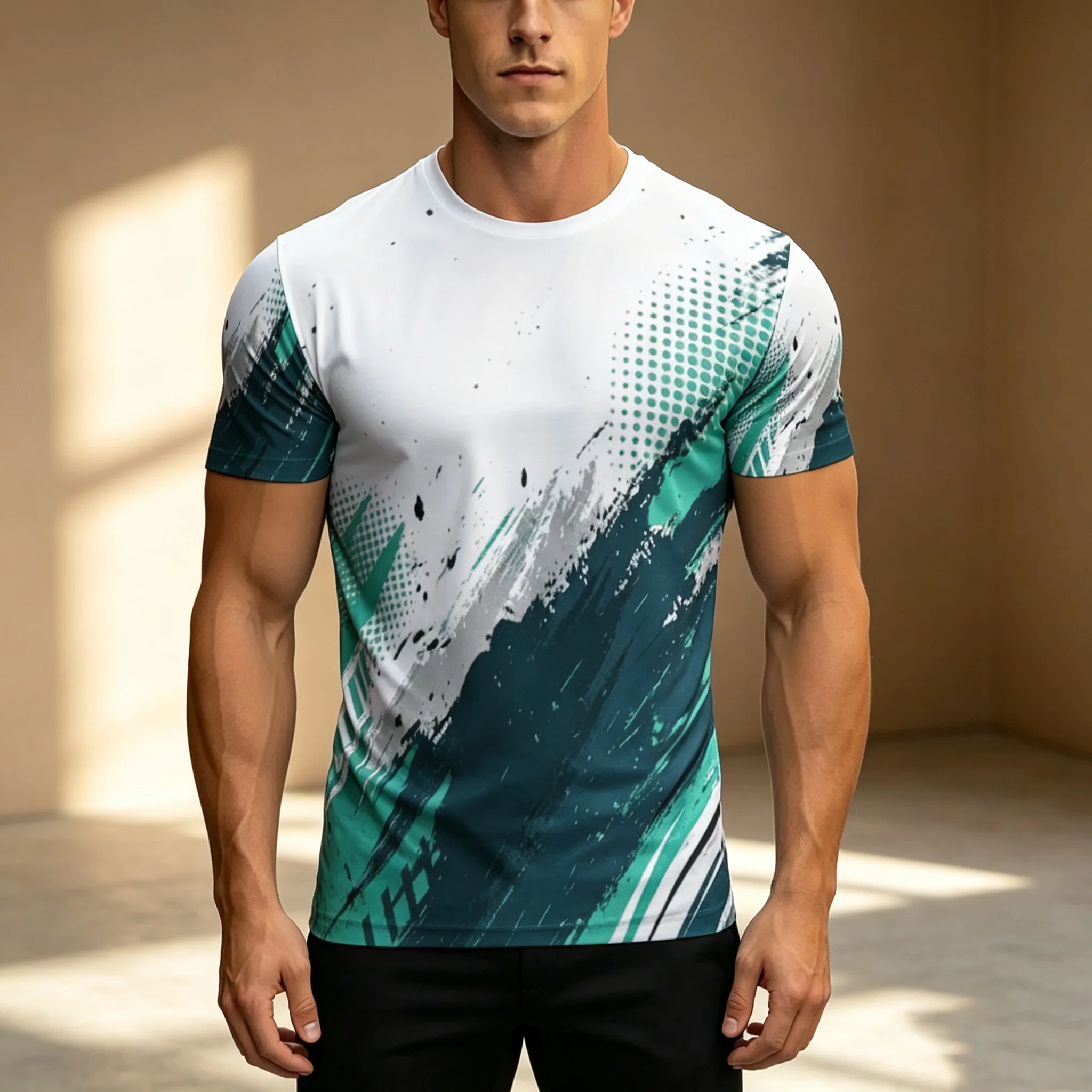 Men Breathable Sports T-Shirt Green White Abstract Brush All Over Print Crew Neck Short Sleeve Street Casual Tops