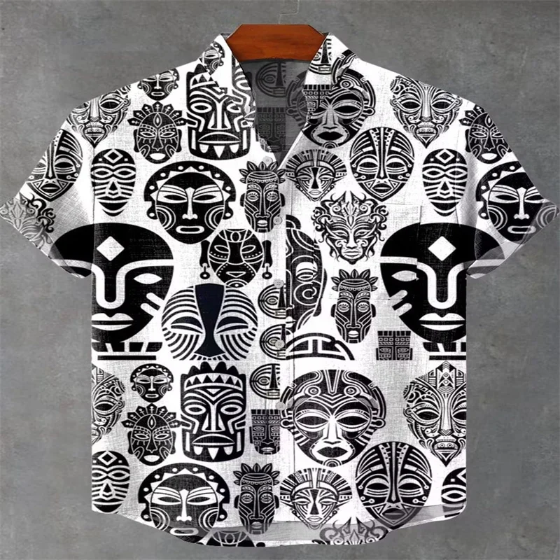 

2026 New Men's Shirt: Black & White Retro Casual Short-Sleeve Streetwear Top with Tribal Mask Print