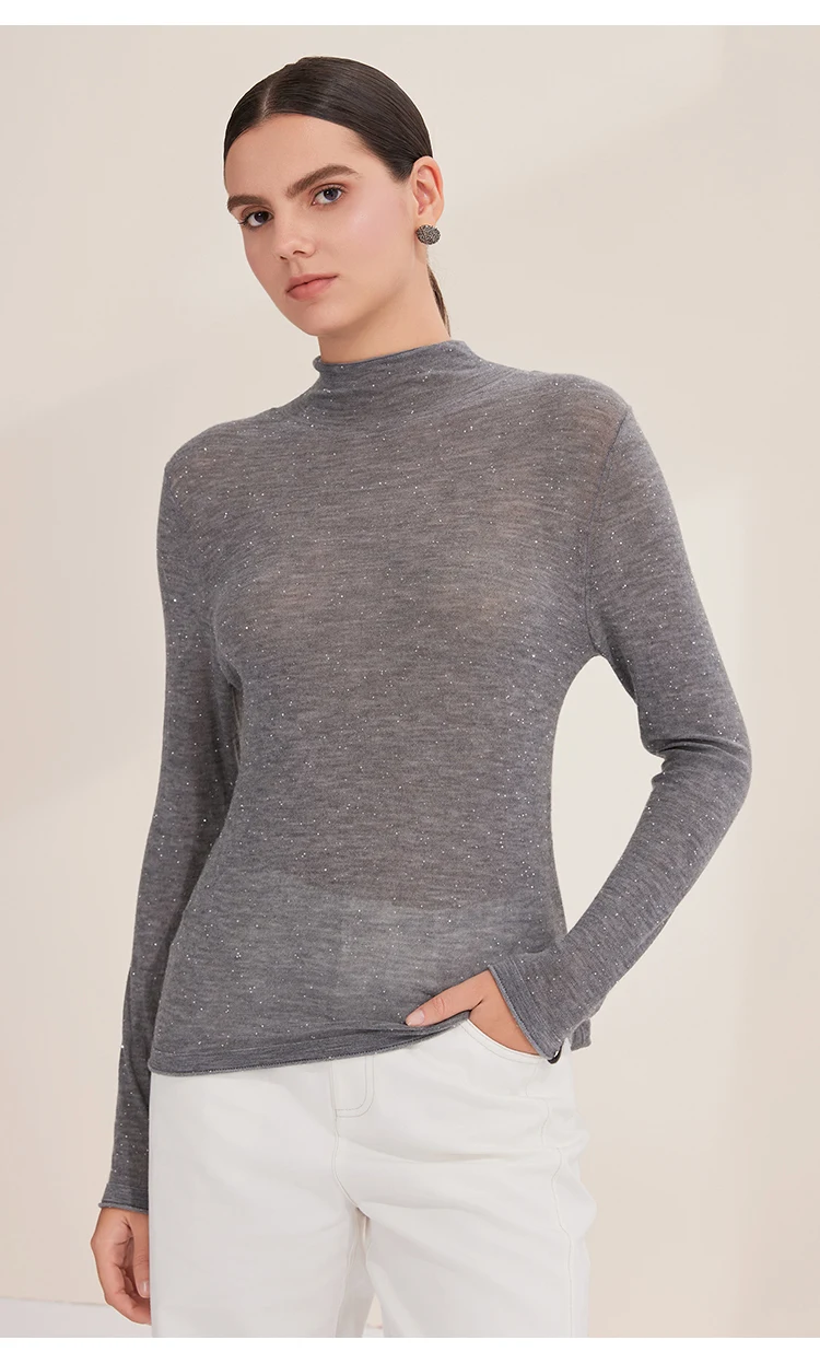 BY3521261 Damen Kaschmir-Mischgewebe Langarm-Strickshirt mit Stehkragen, Glitzergarn, Slim Fit, Leichtgewichtig, Herbstliches Alltags-Oberteil – Detail 3