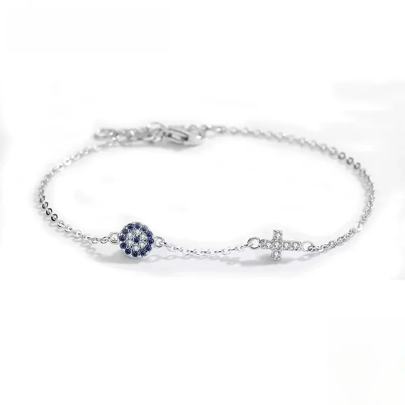 TONGZHE 925 Sterling Silver Hamsa Lucky Evil Eye Cross Bransoletka Wonder Women Małe niebieskie kryształowe kamienie Drobna biżuteria ślubna — zdjęcie 2