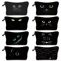 Bolsa de lápices con estampado de gato negro de dibujos animados para mujer, Kit de aseo, estuche de lápices lindo, bolsas organizadoras de maquillaje reutilizables ecológicas, bolsas de viaje