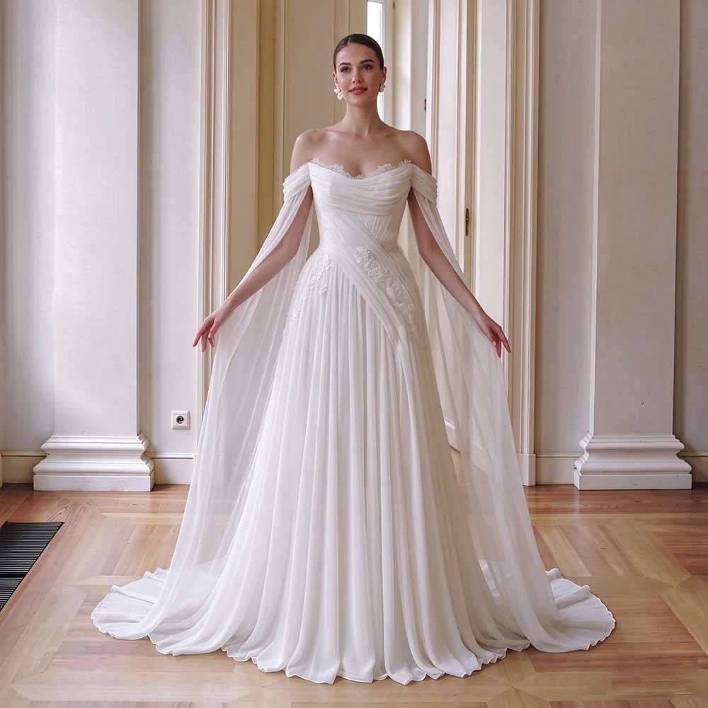 Off Shoulder Scoop Neck ‌Contemporary Bridal Gowns Beading Lace Long Sleeves Customized Drape Ivory PLus Size Wedding Dress