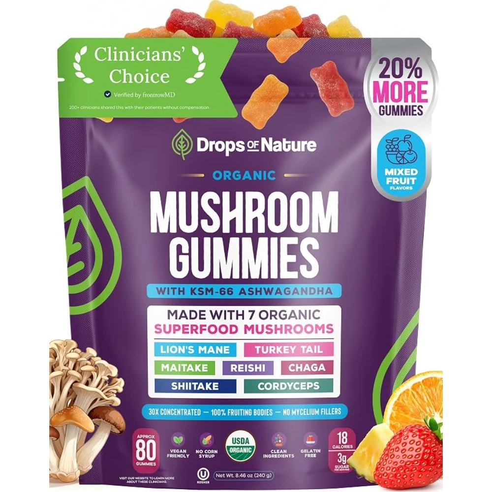 Drops Of Nature Organic Mushroom Gummies & Ashwagandha - Mixed Berry, 80 ct KSM-66 Ashwagandha Gummies with 7 Superfood Mushroom Lions Mane Reishi Turkey Tail Chaga & More, Low Carb Vegan, Gelatin-Free