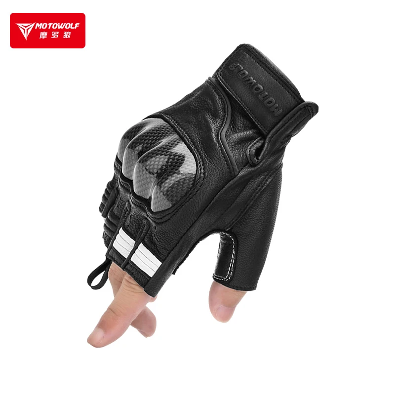 Leather Motorcycle Gloves for Summer Men Gloves Motocross Half Finger Fingerless Carbon Fiber Guantes Moto Luva Guanti Enduro