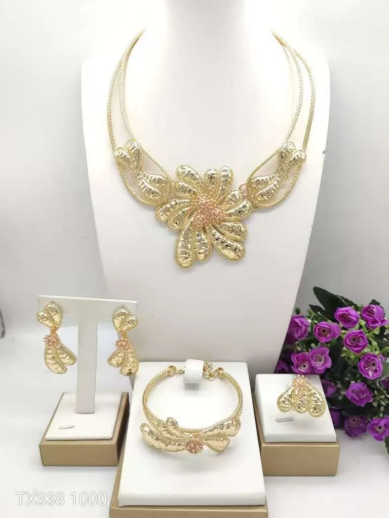 Yulaili Brazilian Gold Plated Jewelry Sets Women Sun Flower Leaf Pink Beads Double Choker Necklace Earrings Bracelet Ring X00145
