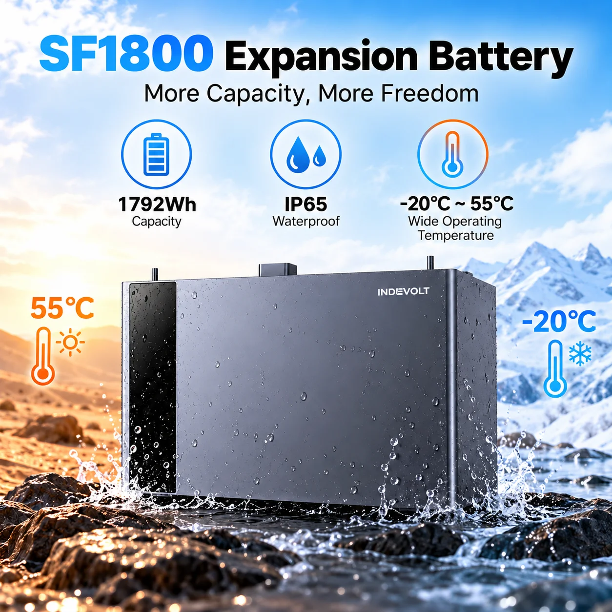 Batterie d'extension SolidFlex SFA1800 1792Wh, cellule semi-solide à haute énergie, résistante aux intempéries IP65, -20 ° C à 55 ° C, 10000 cycles, batterie de stockage d'énergie empilable pour la série SolidFlex