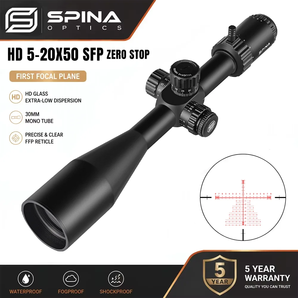 SPINA OPTICS Zero Stop 5-20x50 FFP Riflescope WolfChase Gen II First Focal Plane Tactical Hunting Scope Sight 1/10 MIL HD Lens