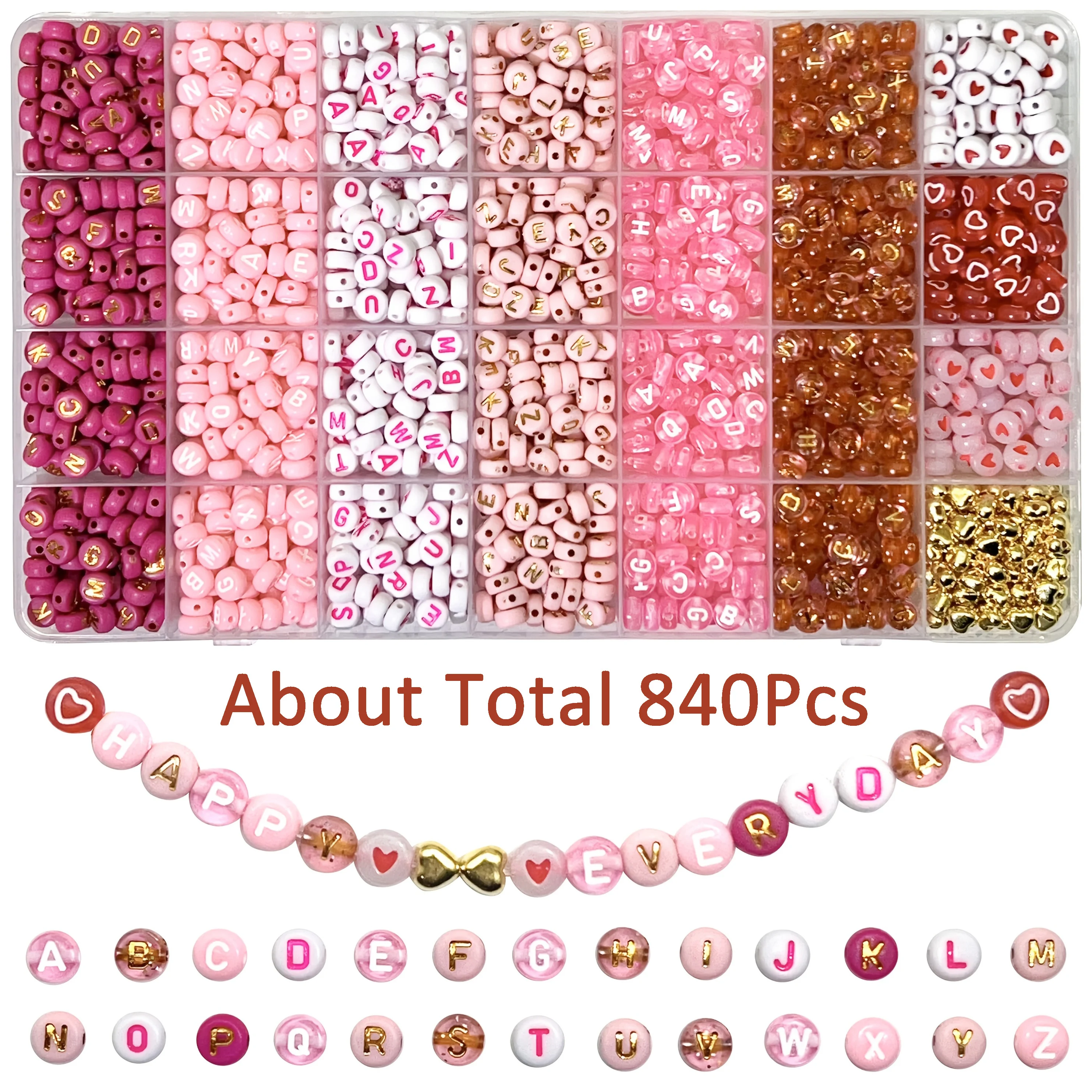 300/840 stuks roze, rood en wit, gouden letter en hart acryl kralen set - sieraden maken kit voor doe-het-zelf armbanden, kettingen