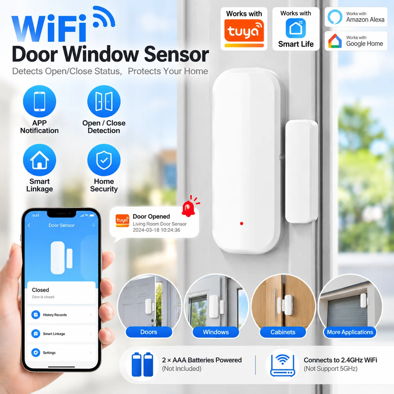 WLAN-Smart-Türsensor, Tür-Offen-/Geschlossen-Detektoren, Smart-Home-Sicherheitsschutz-Alarmsystem, kompatibel mit Tuya Smart App-Steuerung