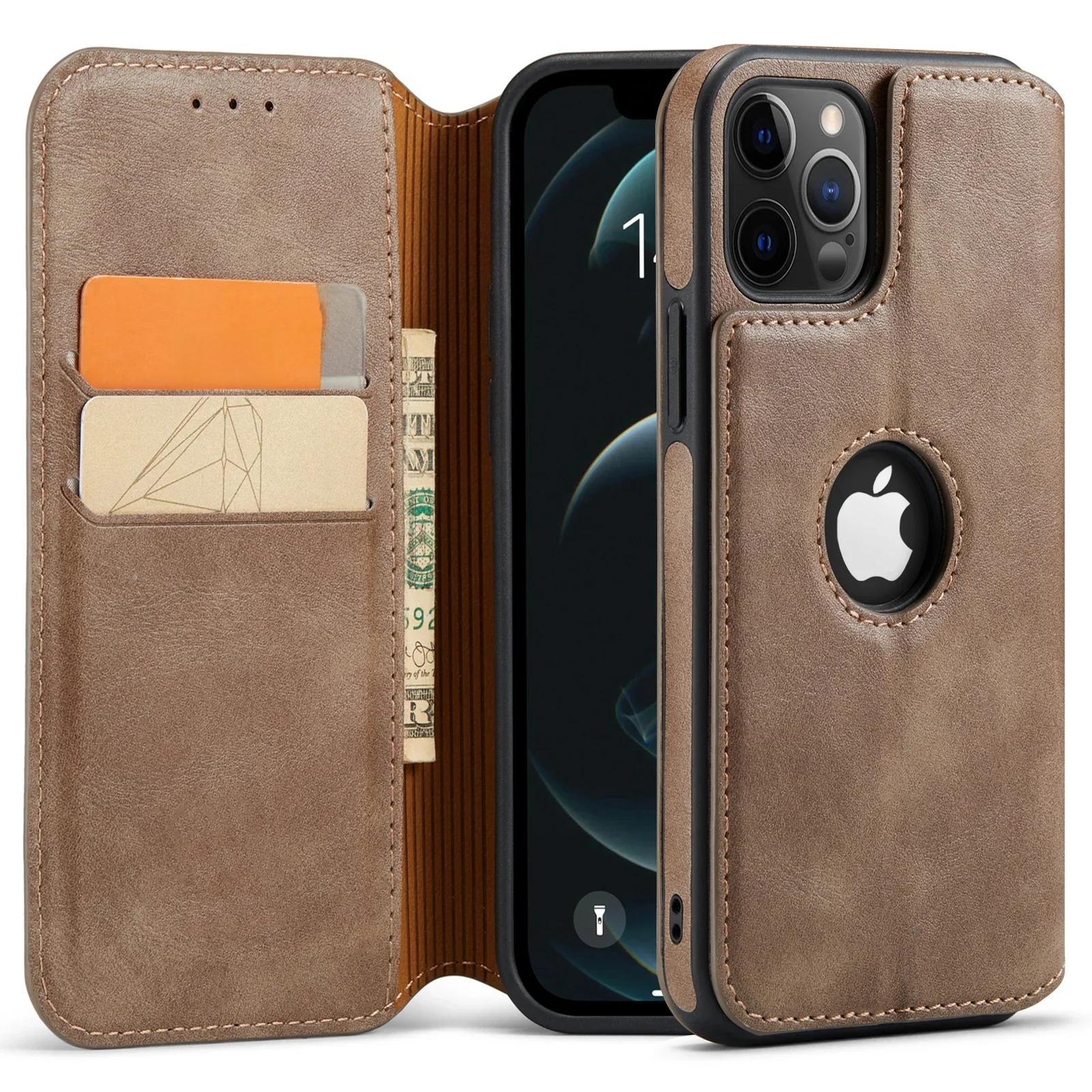Skórzane etui na iPhone'a 16 15 14 13 12 11 Pro Max XS XR Wallet Case [RFID Blocking] Slim Magnetic Flip Cover z uchwytem na kartę — zdjęcie produktu 7