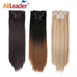 Alileader-Clipe Sintético Na Extensão Do Cabelo, Hairpiece Liso, Cabelo Encaracolado, 16 Clipes no Cabelo, Fibra Resistente Ao Calor Ombre, 22in, 6 pçs/set