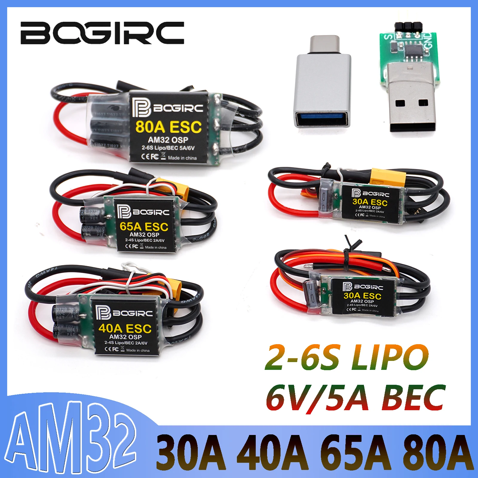 BOGIRC AM32 30A 40A 65A 80A Brushless ESC 2-6S 6V/5A BEC for 1/10 1/18 1/24 Axial SCX10 Traxxas TRX-4 TRX-6 D90 RC Crawler Cars