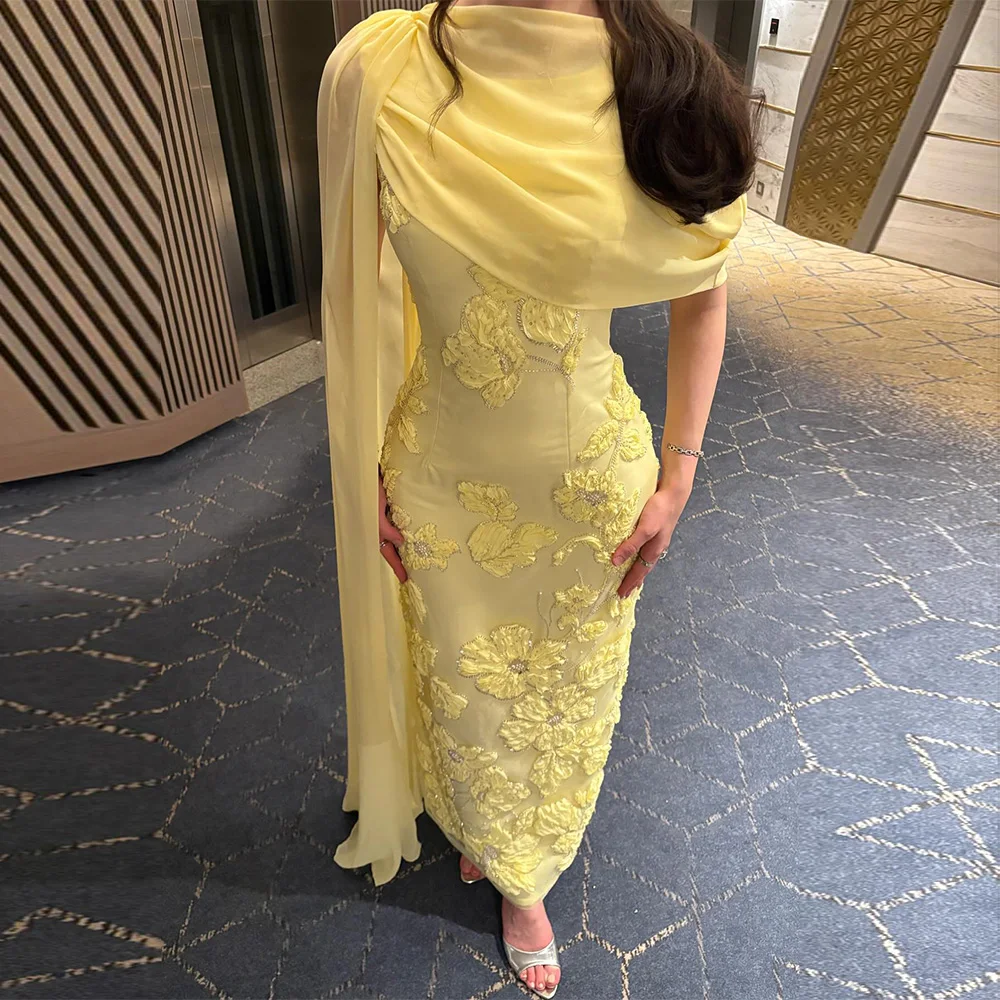 فستان سهرة شيفون أنيق رسمي مخصص برقبة دائرية بدون أكمام للحفلات الراقصة مع شال دقيق ثلاثي الأبعاد زهور حورية البحر رداء حفلات