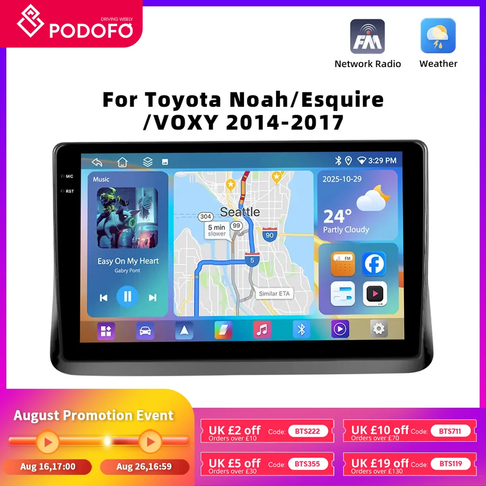 Podofo 4GB+64GB Car Radio Wireless Carplay Android Auto Stereo Multimedia Player 10 Inch For Toyota Noah/Esquire/VOXY 2014-2017