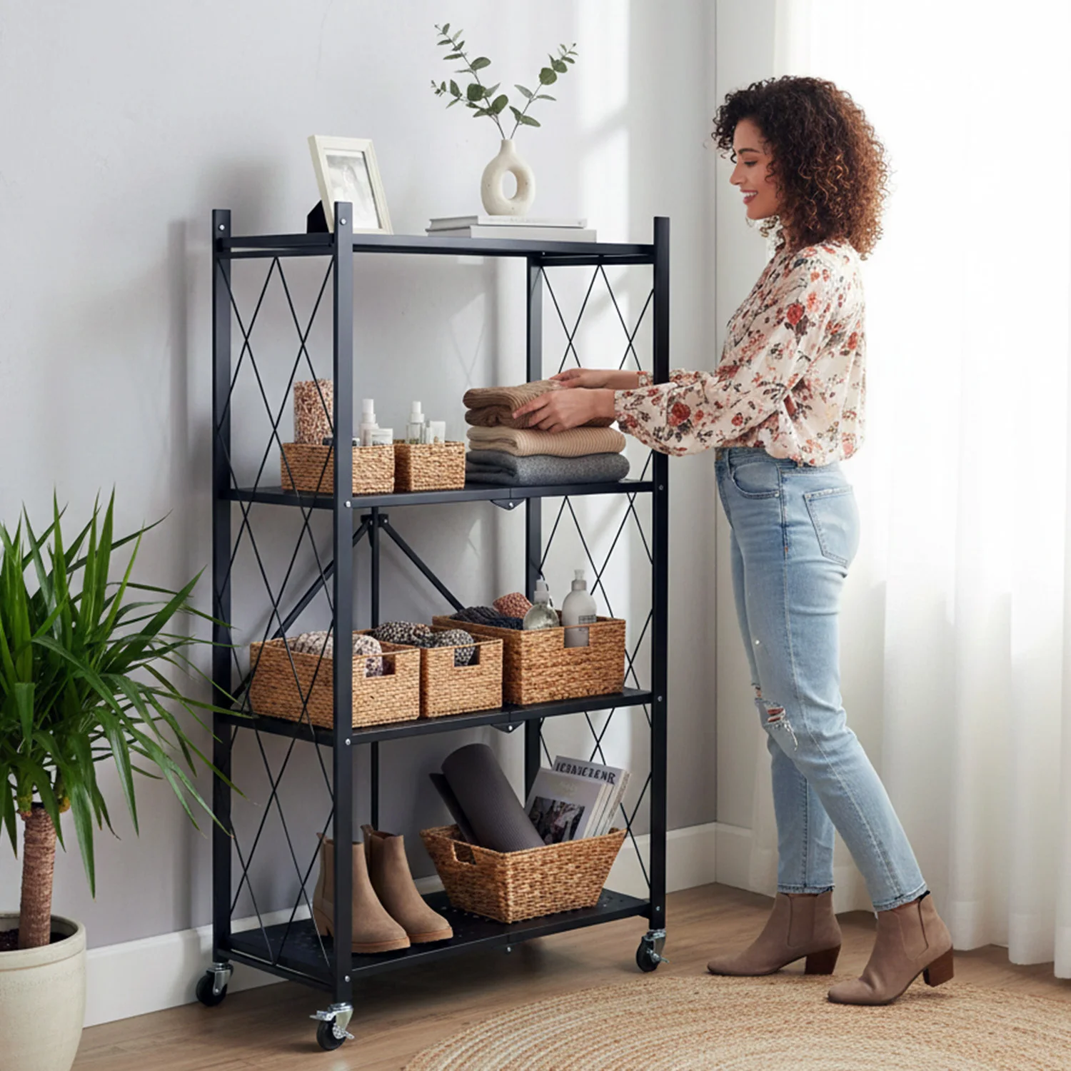 4-stöckiges Faltbares Aufbewahrungsregal mit Rollen, Metallregal, Montagefreier Rollorganizer für Küche, Zuhause, Garage – Detail 1