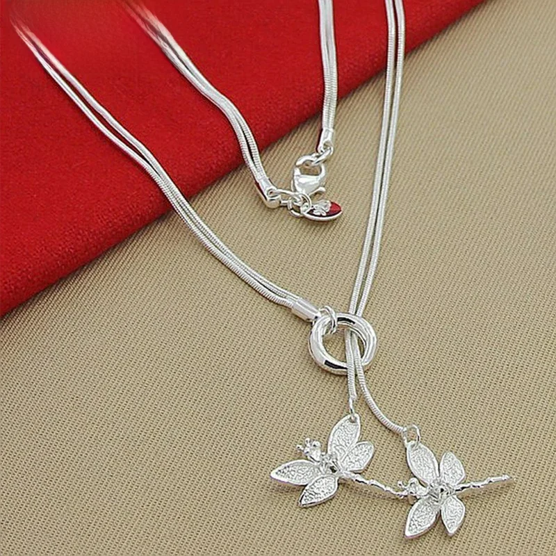 DOTEFFIL-925 Sterling Silver Two Dragonfly Pingente Colar Para Mulheres, Corrente De Cobra, Jóias De