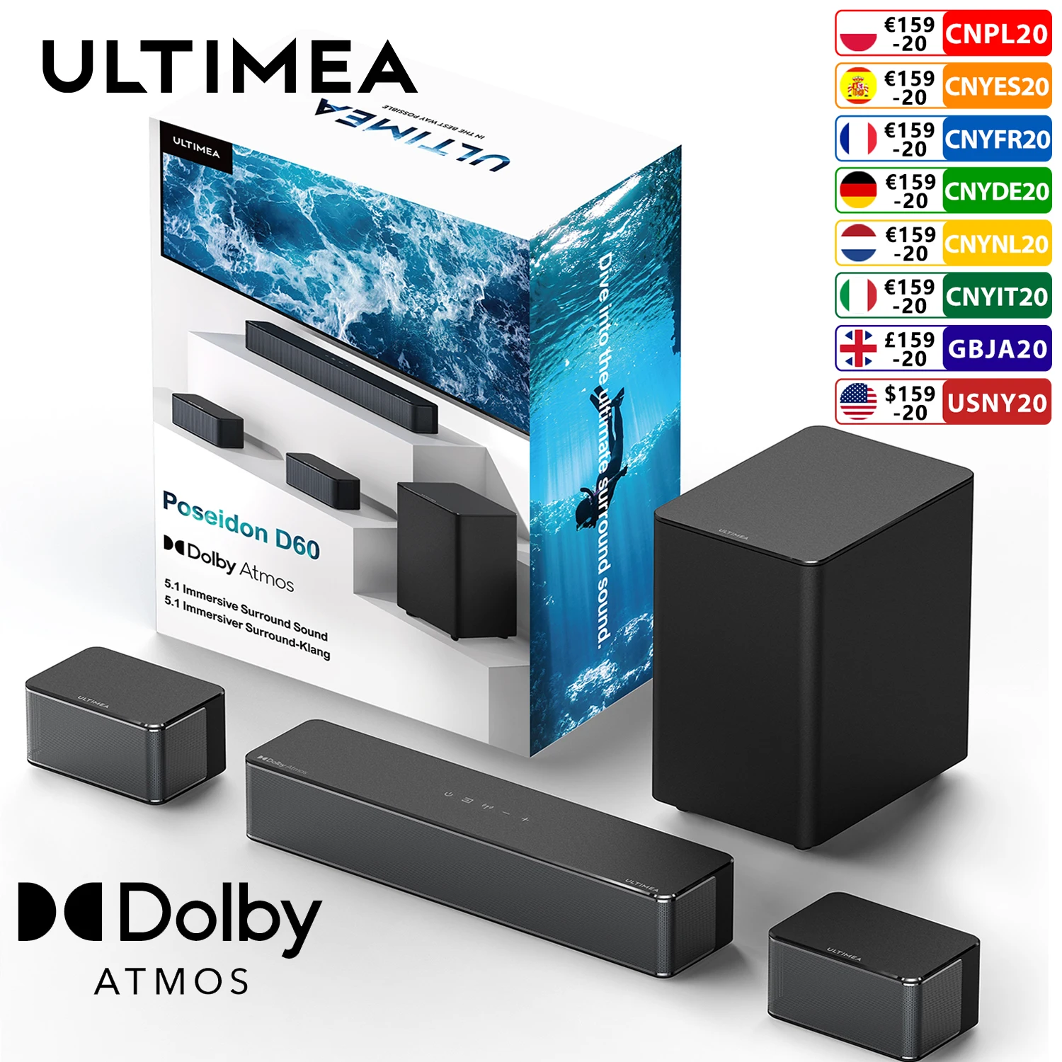 ULTIMEA 5.1 Soundbar with Dolby Atmos, 3D Surround Soundbar for TV with Wireless Subwoofer, Deep Bass, Home Theater TV Speakers