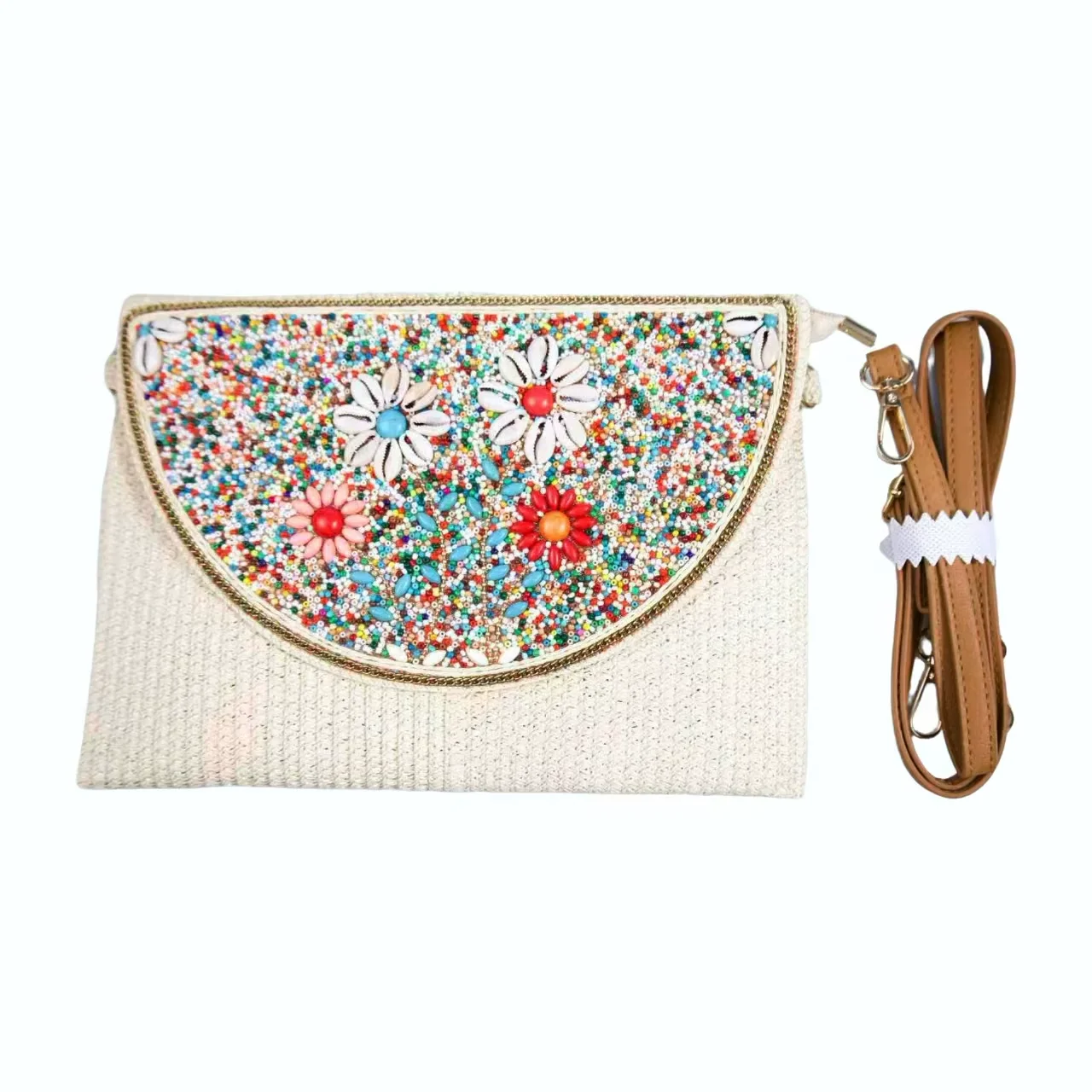 

Богемная яркая сумка-клатч с бисером и цветами из ракушек, этническая плетеная летняя пляжная сумка через плечо для женщин, ручная работа, с цветочным узором