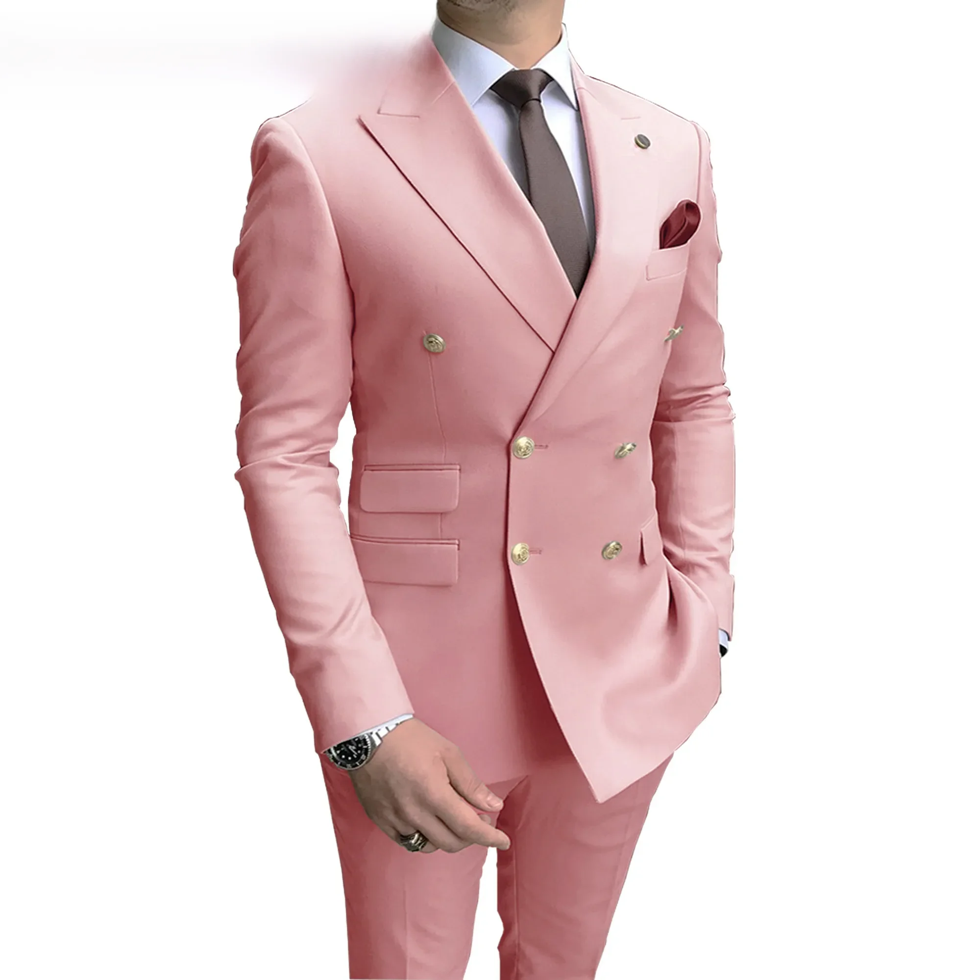 Fanlifujia Double Breasted Mannen Pak Roze Twee Stukken Slim Fit 2024 Italiaans Bruiloftskostuum Prom Gouden Knoop Mannelijk Pak - afbeelding 2