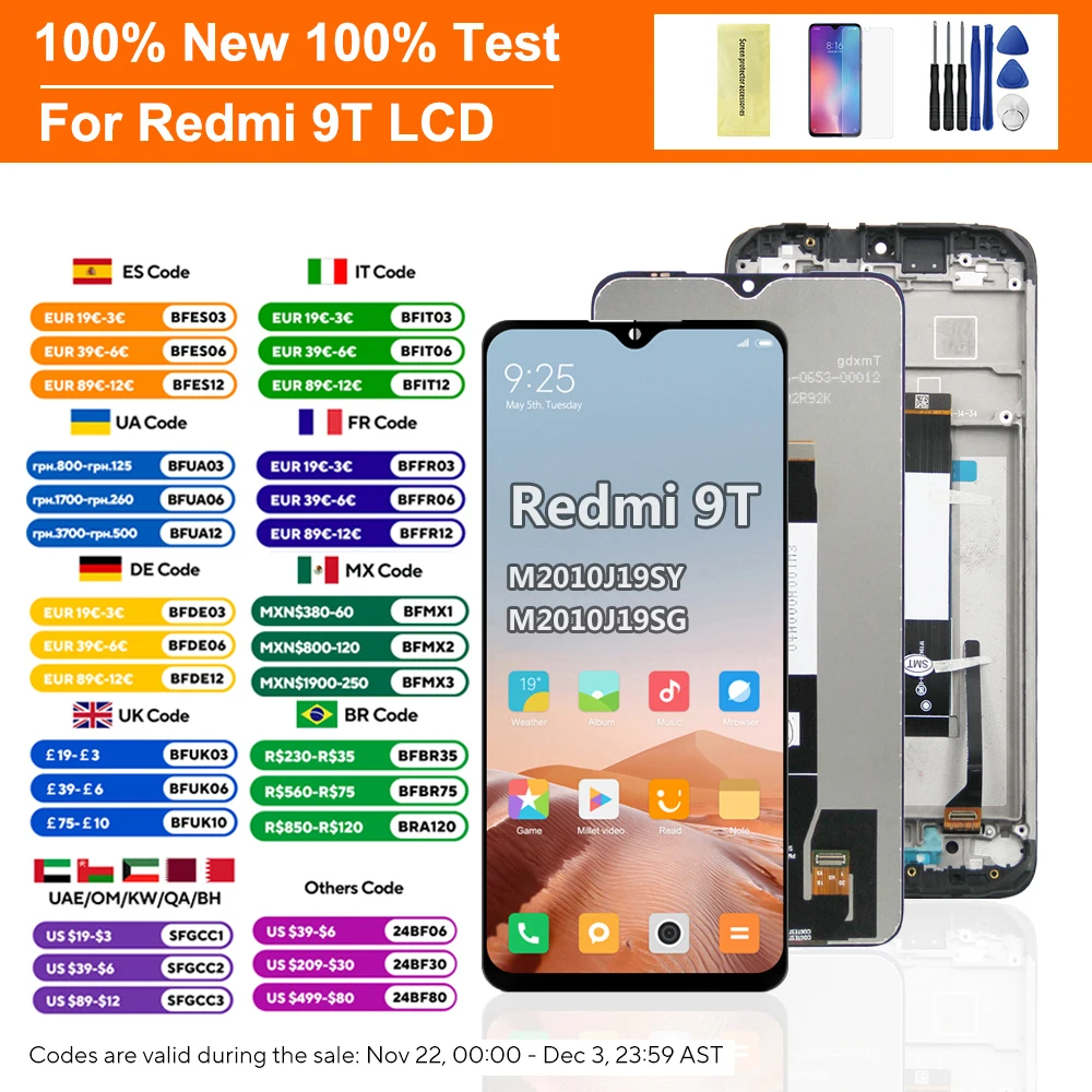 ЖК-дисплей 6,53 дюйма для Redmi 9T с рамкой для Redmi 9T J19S M2010J19SG LCD