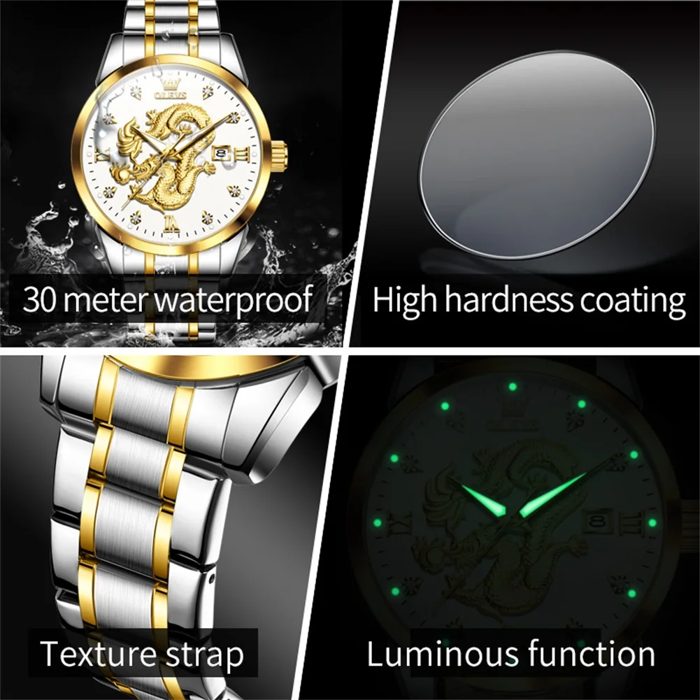 ساعة OLEVS 3619 بنمط التنين للرجال مقاومة للماء وساعات يد ماسية فاخرة كوارتز هدية عيد الميلاد