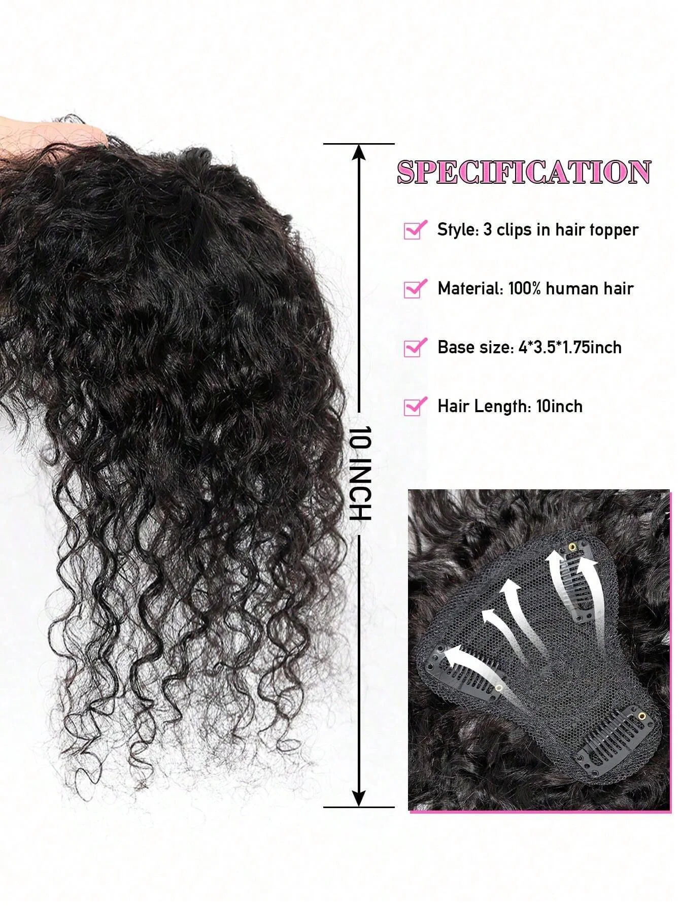 Natural Black Topper Hair With Bangs Human Hair Curly Wave Toppers For Women with Thin Hair Clip In Hair Extensions Daily Use