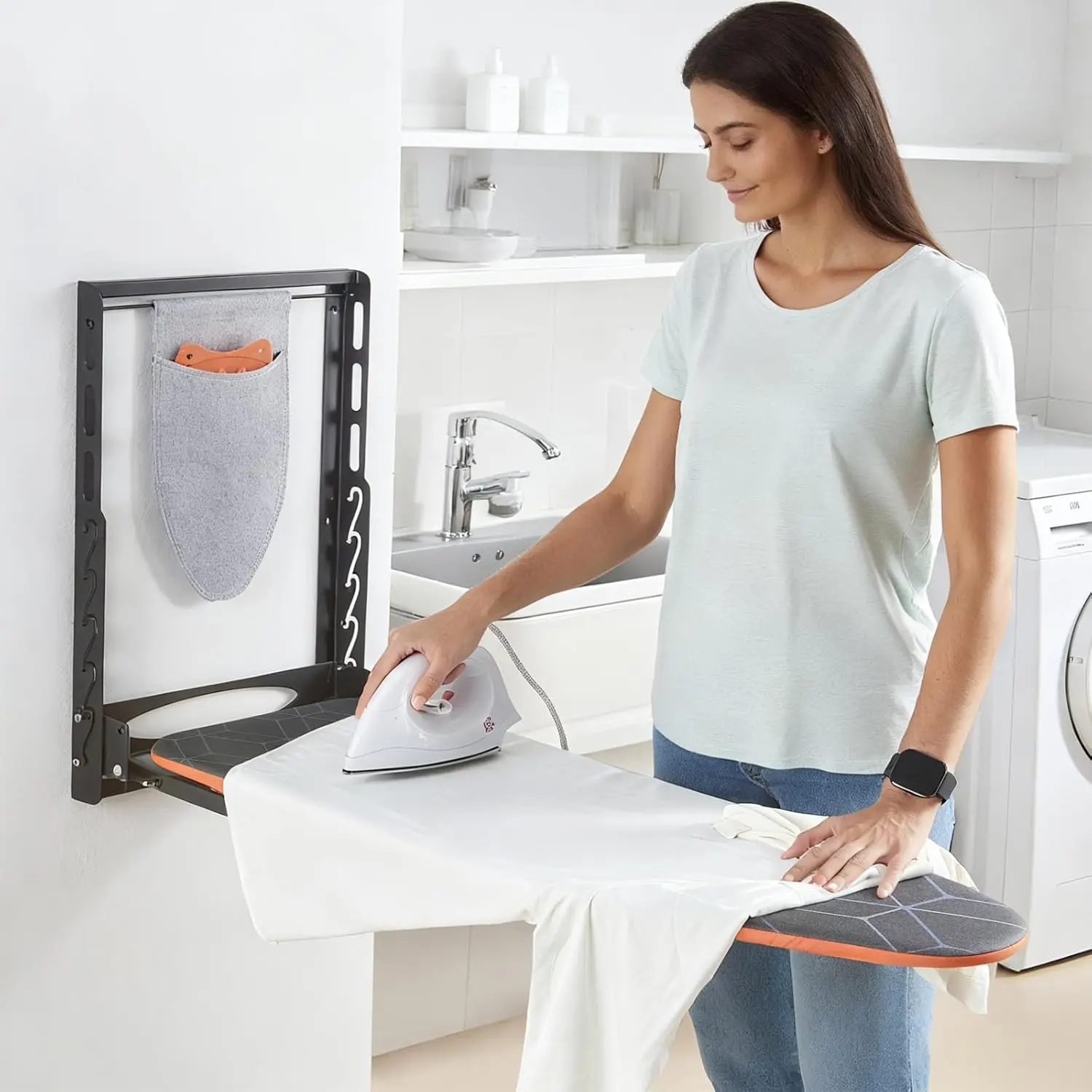 

Wall Mounted Ironing Board with Iron Holder Mount Foldable Ironing Board Height Adjustable Rack with Cotton Fabric Cover