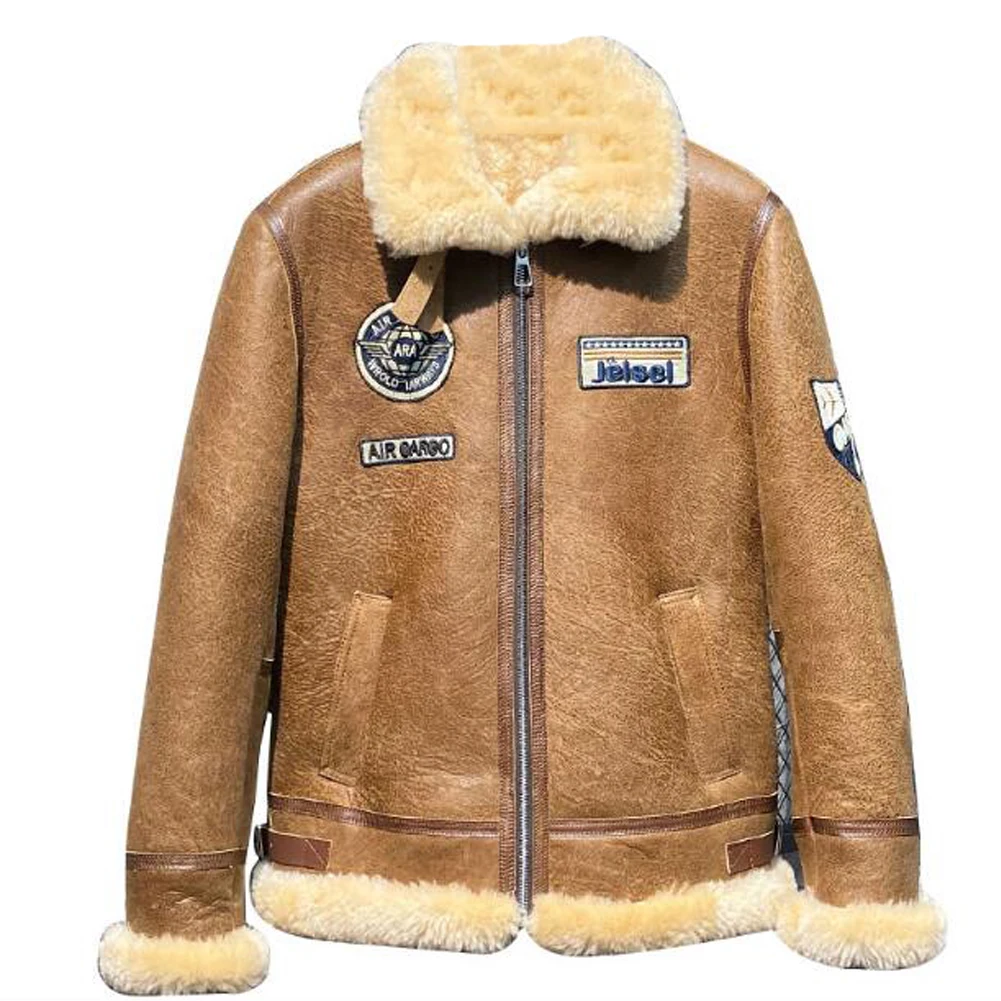 

Denny&Dora Mens Shearling Jacket - Men's Pilot Jacket, Natural Shearling Leather Coat, Brown Sheepskin Coat