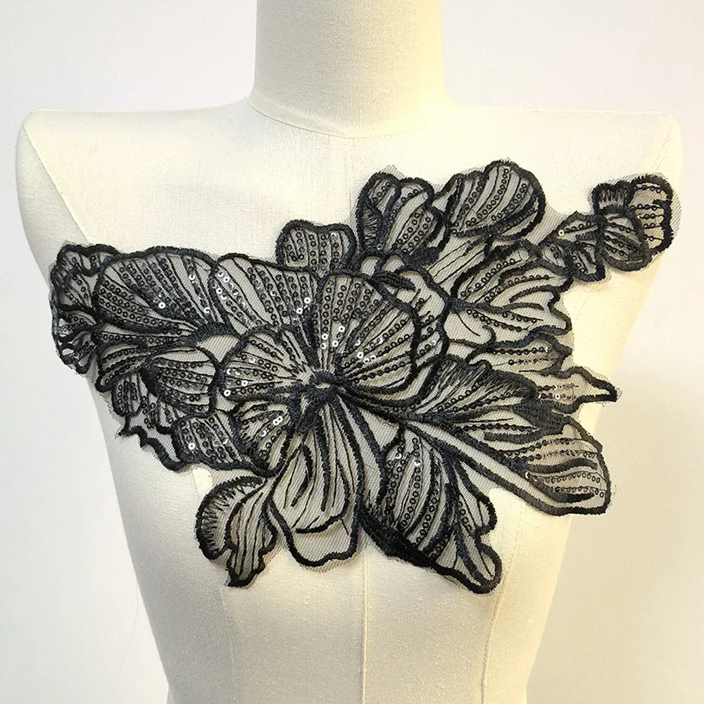 Applique florale en dentelle brodée, patch noir et blanc, décoration de mariage, réparation, 1 pièce