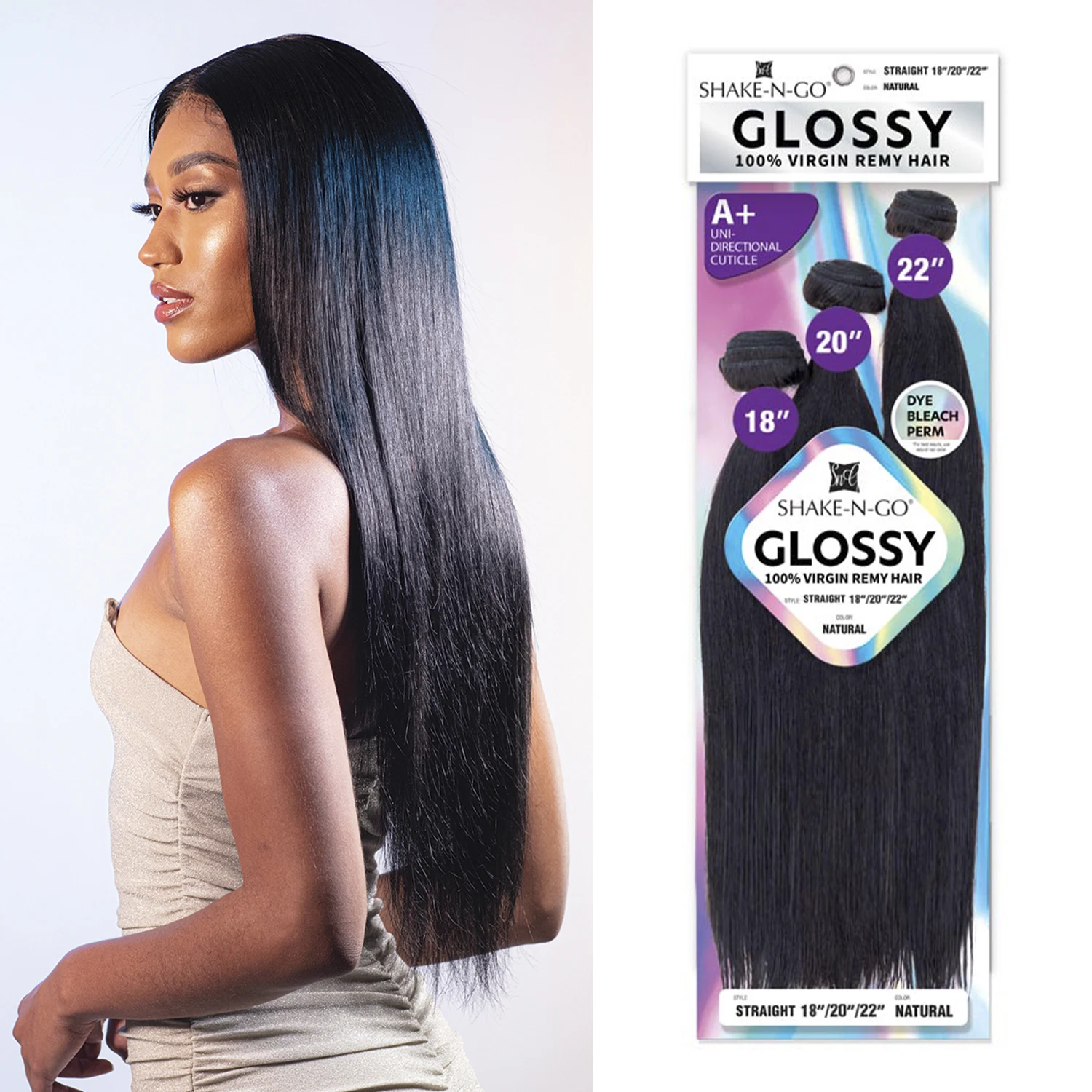 Shake-N-Go Glossy Virgin Remy Hair Weave, reto, brilho natural, volume completo, textura macia, fácil de estilizar, 3 pacotes