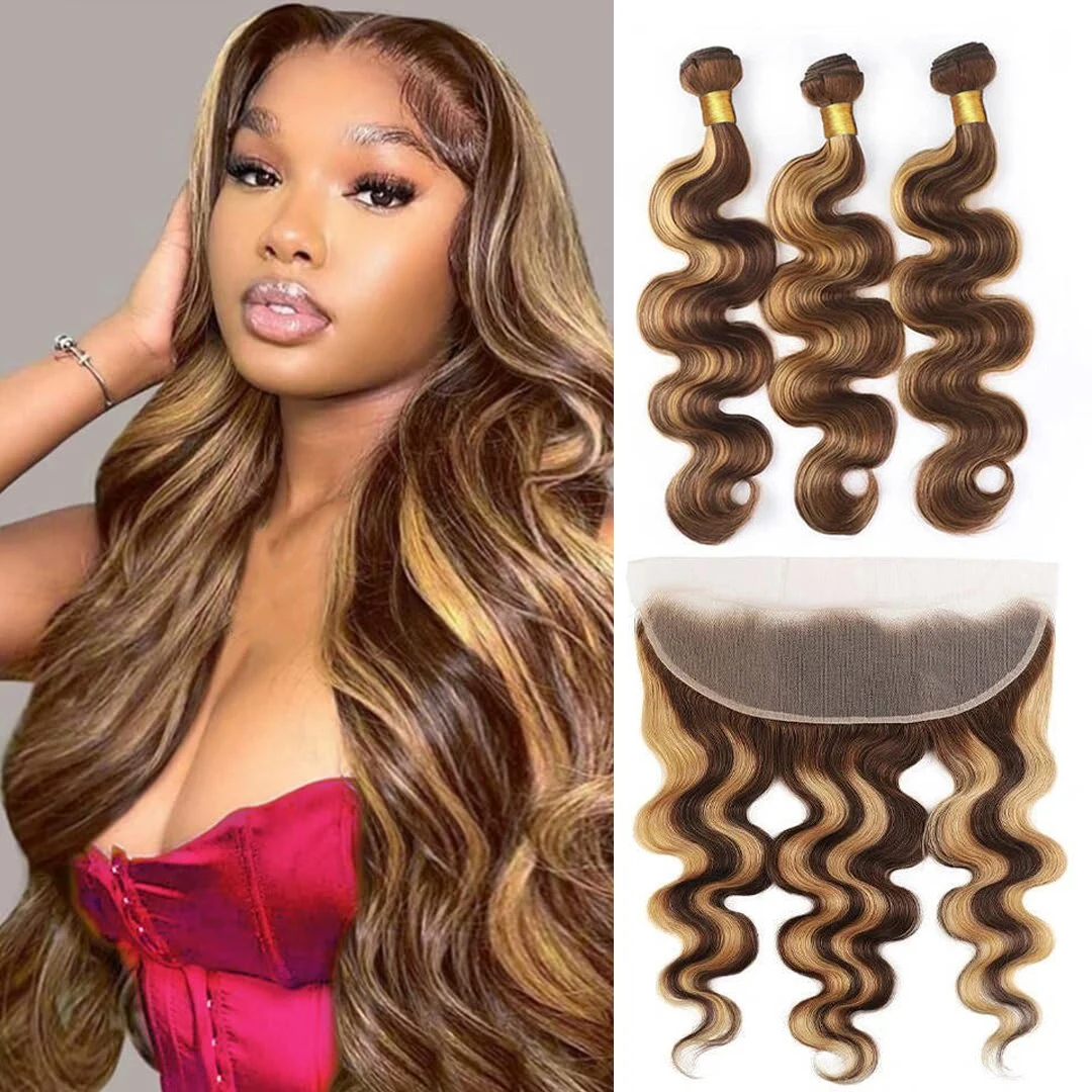 Bundles With Frontal Body Wave Natural Brazilian Remy Human Hair P4-27 Honey Blonde Highlight 3 Bundle with 13x4 HD Lace Frontal