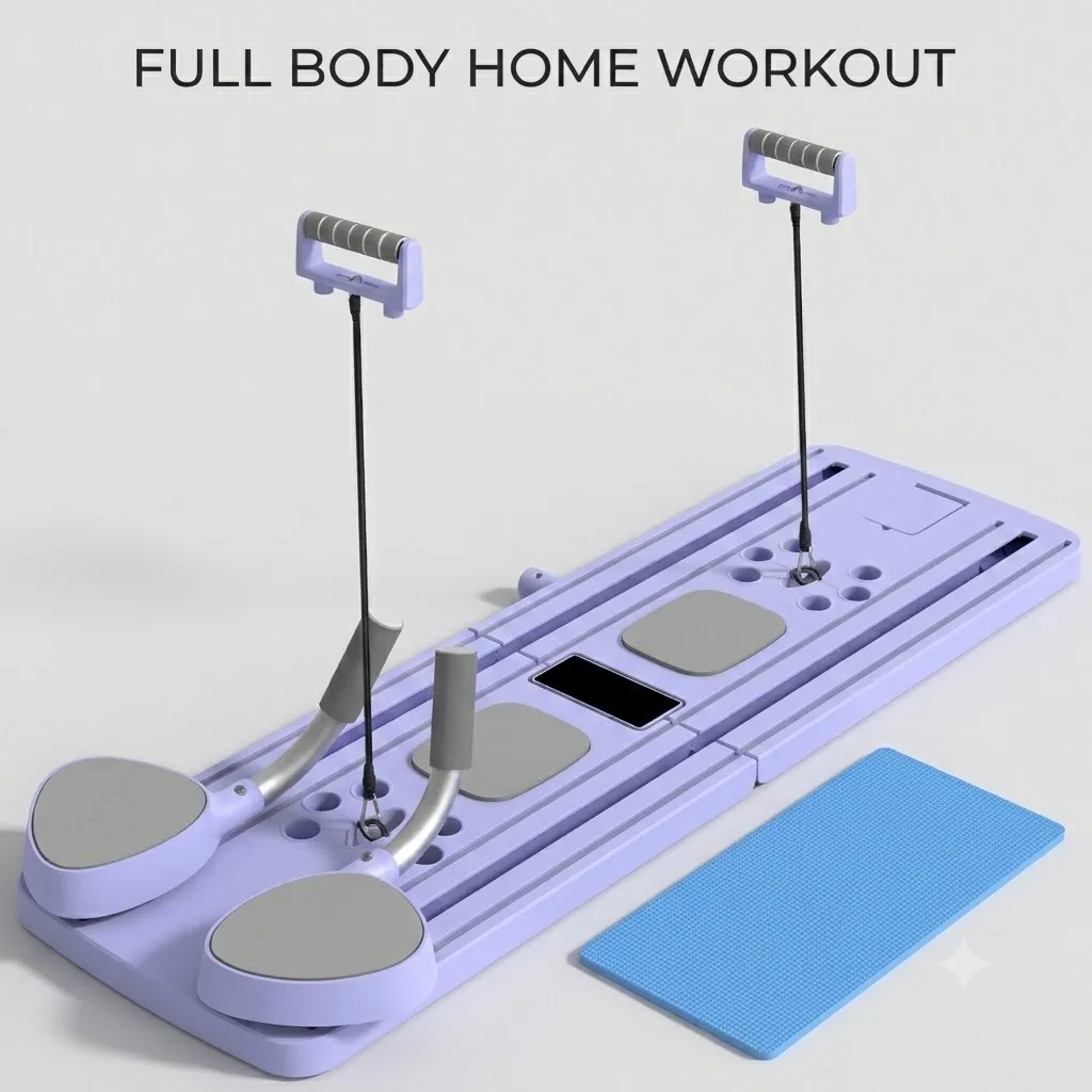 Planche de Pilates multifonctionnelle avec rouleau abdominal à rebond automatique, planche de pompes pliable, entraîneur de gainage, équipement d'exercice complet pour le corps avec bandes de résistance et genouillère pour la maison, le bureau et la salle de sport