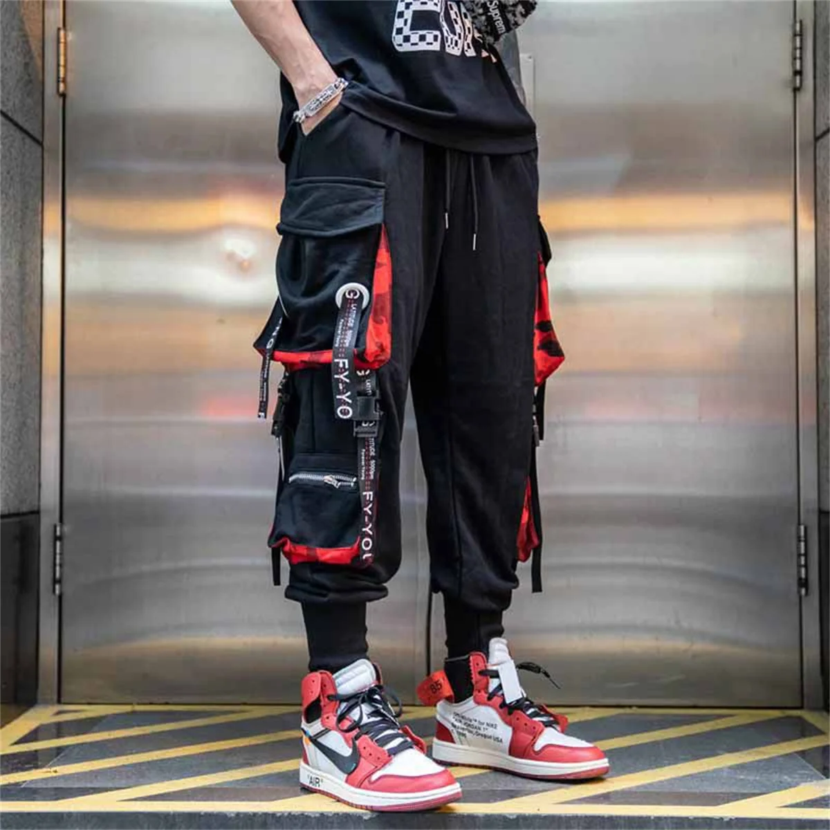 

Joggers Cargo Pants for Men Casual Hip Hop Hit Color Pocket Male Trousers Sweatpants Streetwear Ribbons Techwear Pants