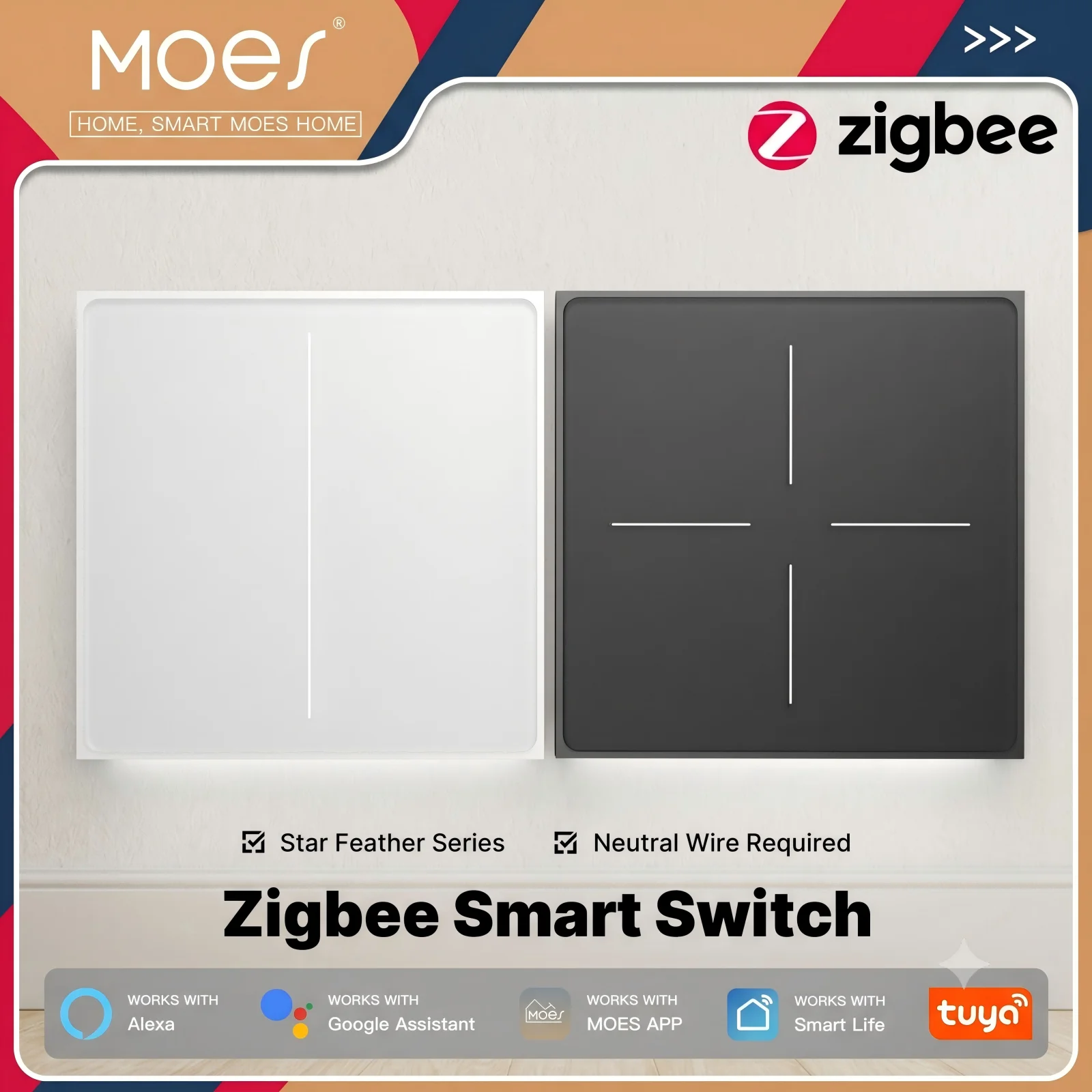MOES Tuya ZigBee Star Feather Series Smart Touch Switch With Neutral Light Scene 2in1 APP Remote Control with Alexa Google Home