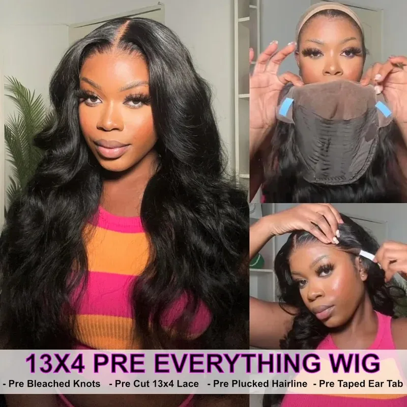 Perruques avant de dentelle transparente HD cheveux humains pré plumés 250 densité brésilienne vague de corps perruques frontales cheveux humains noir naturel 42In