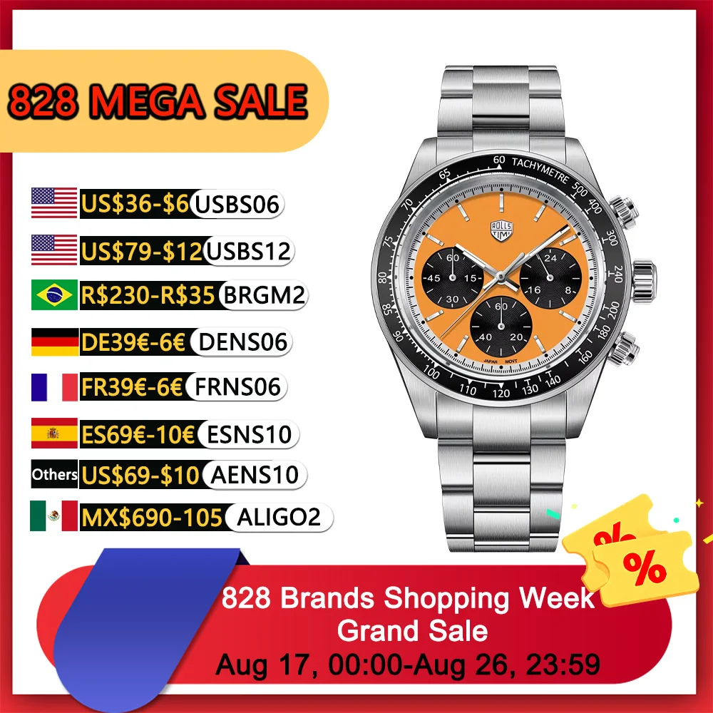 2026 RollsTimi Herren Mode Quarzuhren Retro Sport Chronograph VK63MOVt Saphir Edelstahl Wasserdichte Uhr für Männer