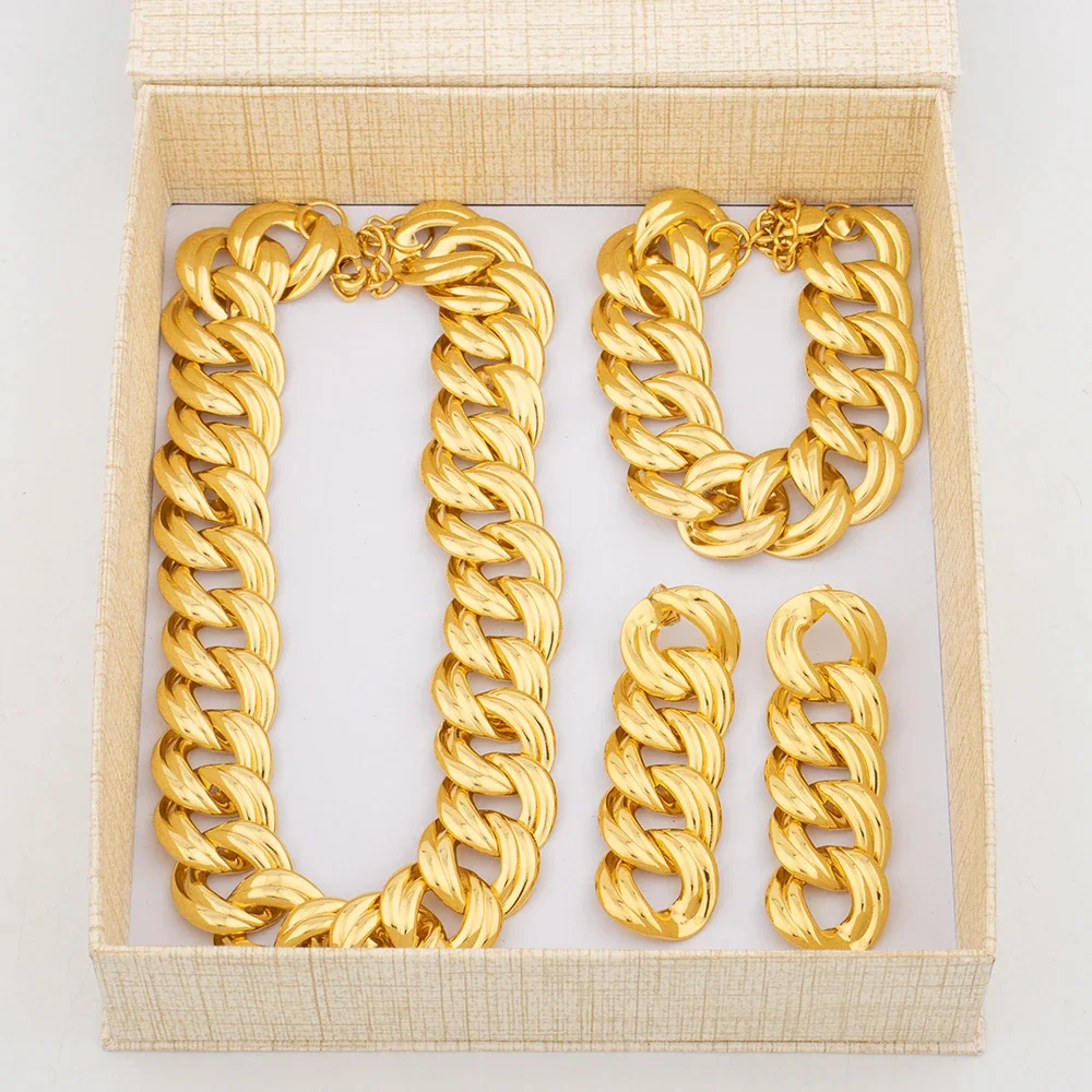 Italien Mode Gold Farbe Schmuck Set für Frauen dicke Halskette Dubai Ohrringe Armband Kette 3 Stück Schmuck für Punk Party Hochzeit – Detail 4